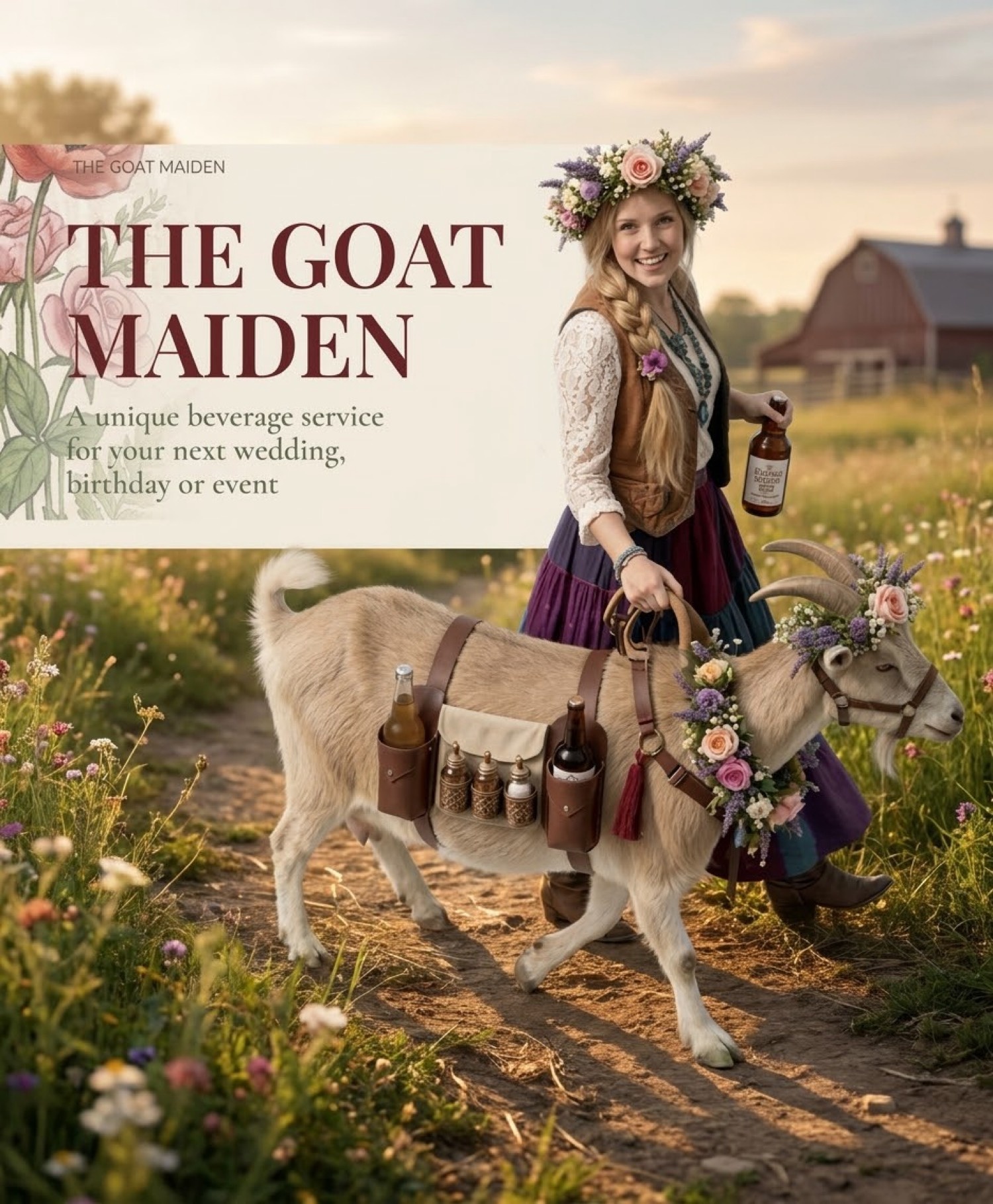 The Goat Maiden walking a farm lane with her flower-crowned goat