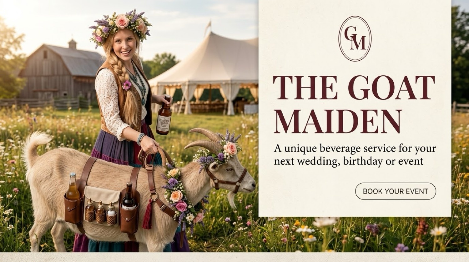 The Goat Maiden and her flower-crowned goat at a barn wedding in the Ozarks